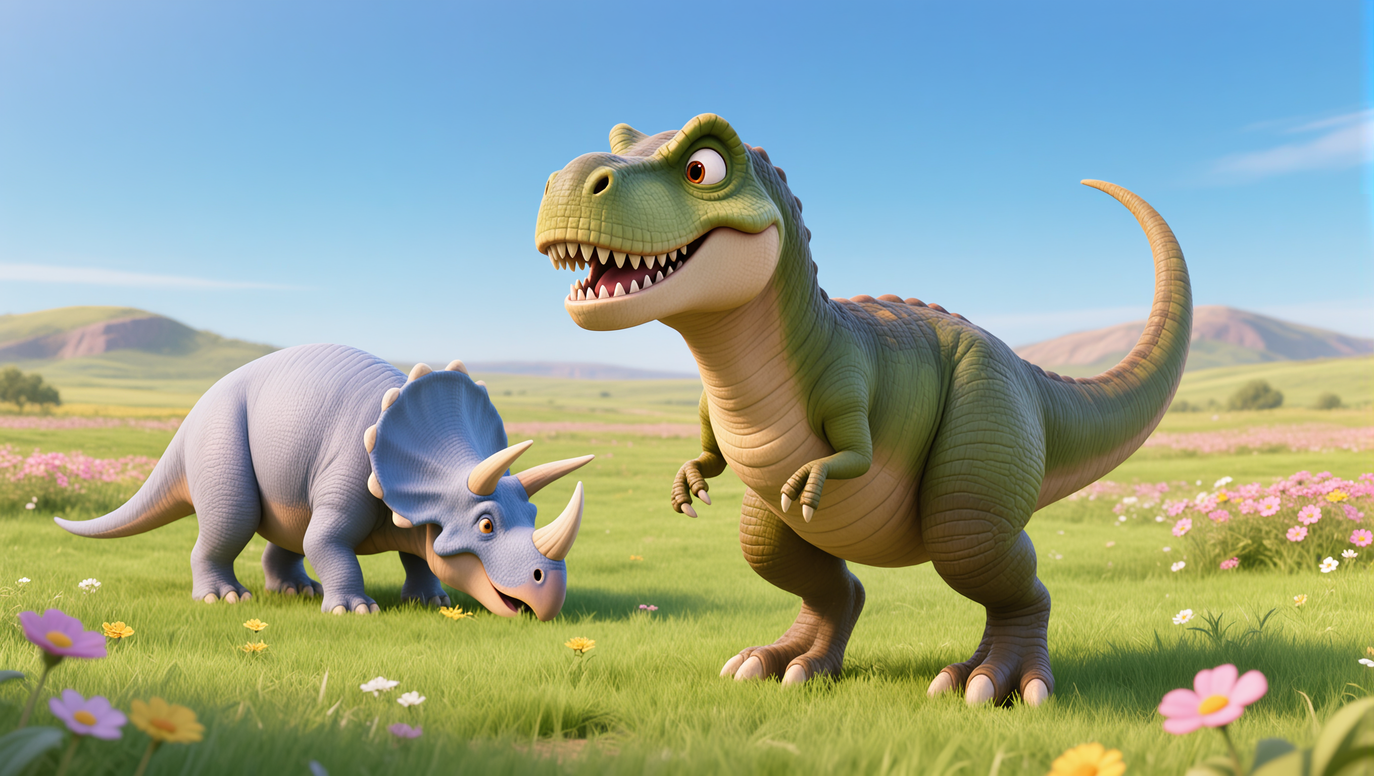 Cretaceous period landscape with T-Rex and Triceratops, 145 to 66 million years ago